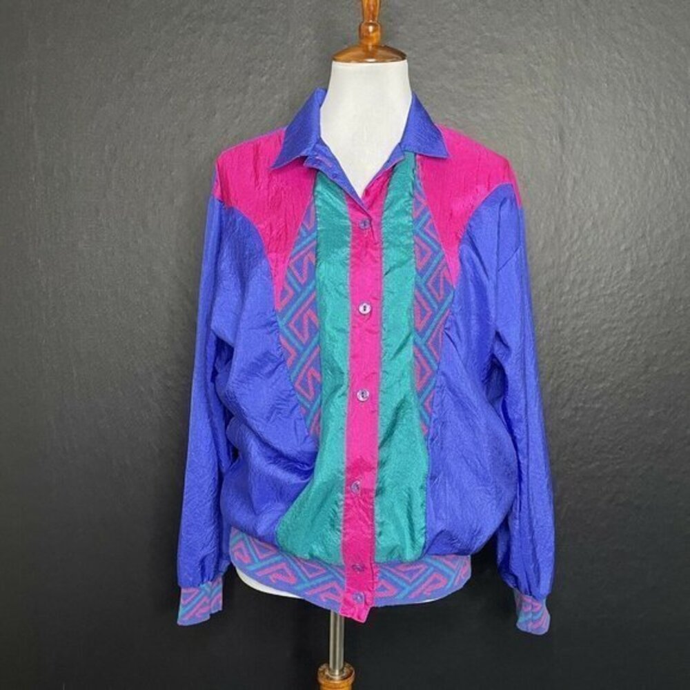 lisa deane vintage light weight Bomber Shirt jacket Purple, Pink, Teal Button